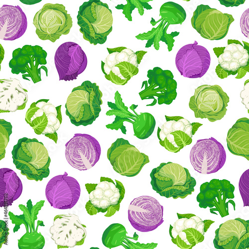 PrintSeamless pattern with cabbage on a white background. White and red cabbage, broccoli, cauliflower. Vector illustration of fresh vegetables in cartoon simple flat style.