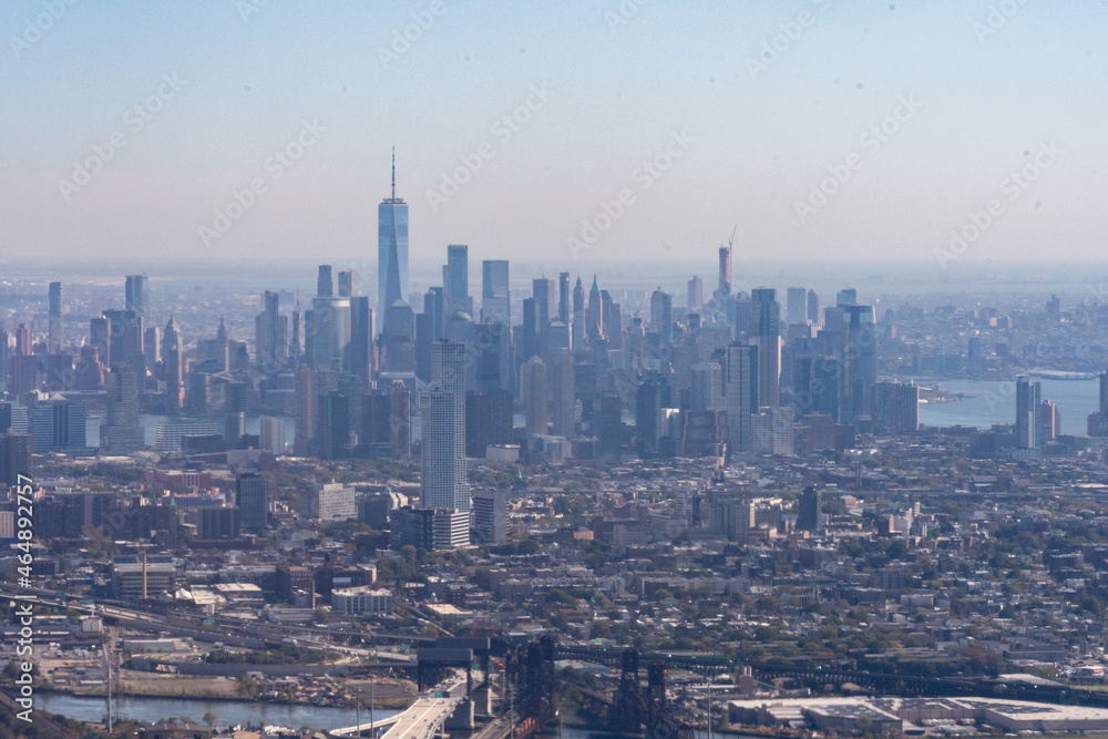 Aerial View of Lower Manhattan,  the financial district, freedom tower, and Jersey City.