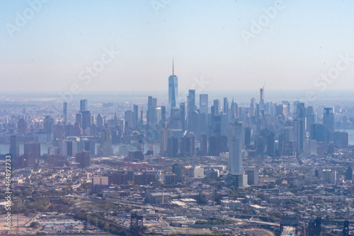 Aerial View of Lower Manhattan, the financial district, freedom tower, and Jersey City.