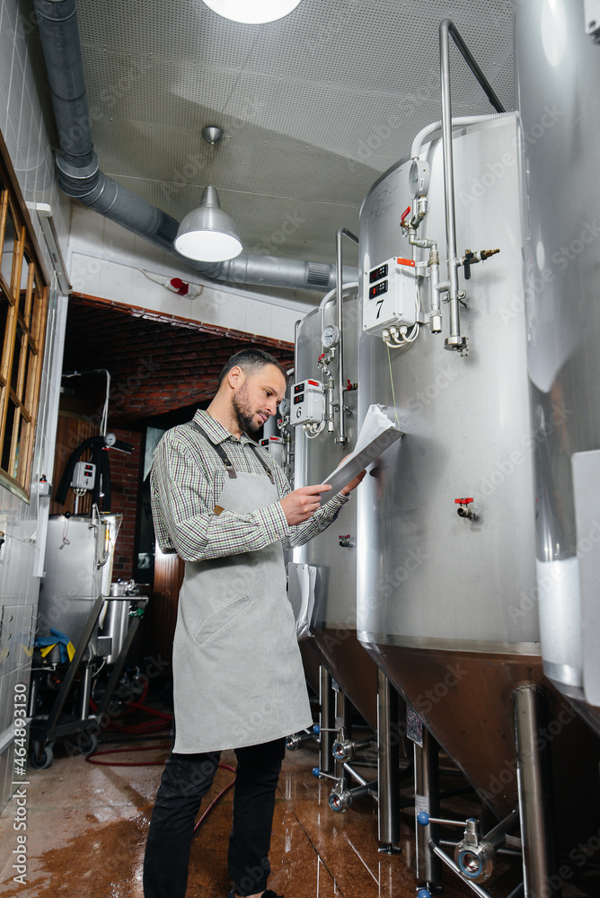 A young bearded brewer monitors the sensor readings during the brewing process. Making beer.