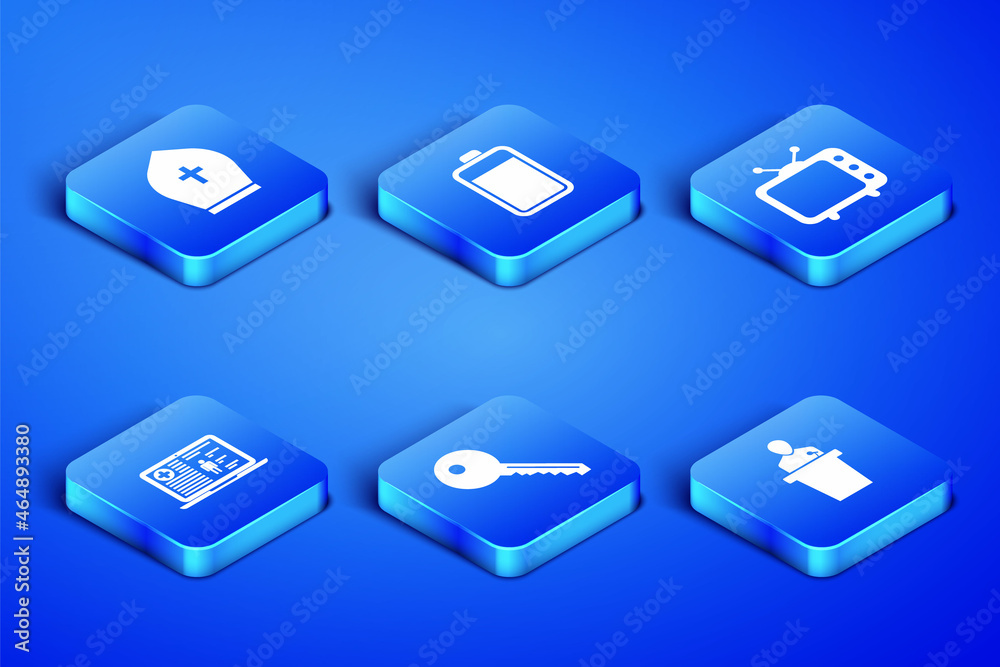 Set Speaker, Pope hat, Key, Medical clinical record, Battery and Television tv icon. Vector Set Speaker, Pope hat, Key, Medical clinical record, Battery and Television tv icon. Vector