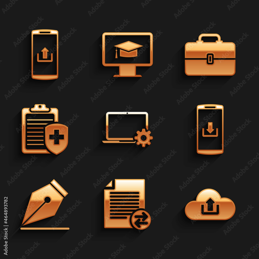 Set Laptop and gear, Transfer files, Cloud upload, Smartphone with download, Fountain pen nib and Clipboard medical insurance icon. Vector Set Laptop and gear, Transfer files, Cloud upload, Smartphone with download, Fountain pen nib and Clipboard medical insurance icon. Vector