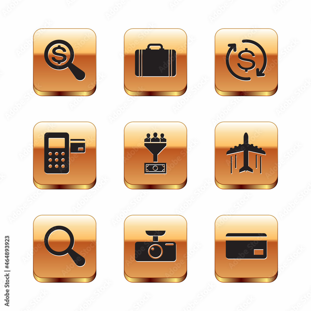 Set Magnifying glass and dollar, , Car DVR, Lead management, Pos terminal and Return of investment icon. Vector Set Magnifying glass and dollar, , Car DVR, Lead management, Pos terminal and Return of investment icon. Vector