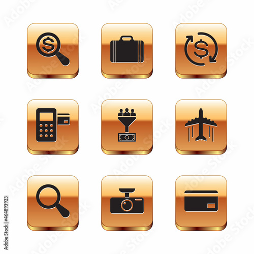 Set Magnifying glass and dollar, , Car DVR, Lead management, Pos terminal and Return of investment icon. Vector