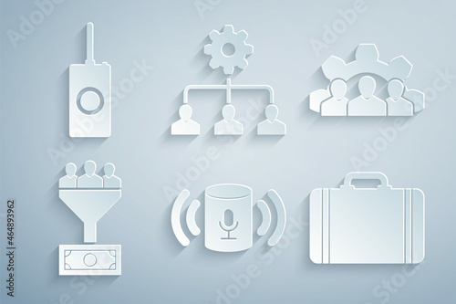 Set Voice assistant, Project team base, Lead management, Suitcase for travel, and Remote control icon. Vector