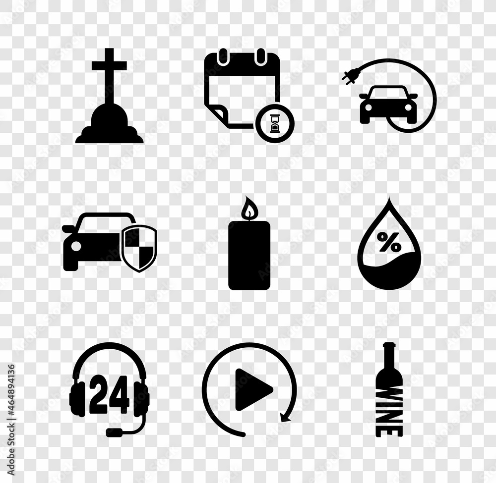 Set Tombstone with cross, Calendar and clock, Electric car, Headphone for support, Video play button and Bottle of wine icon. Vector Set Tombstone with cross, Calendar and clock, Electric car, Headphone for support, Video play button and Bottle of wine icon. Vector