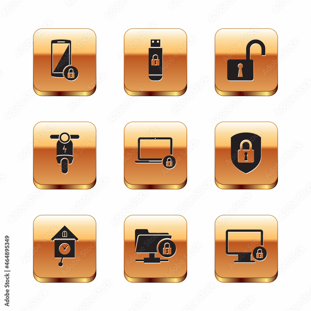 Set Smartphone with lock, Retro wall watch, FTP folder and, Laptop, Electric scooter and Open padlock icon. Vector Set Smartphone with lock, Retro wall watch, FTP folder and, Laptop, Electric scooter and Open padlock icon. Vector
