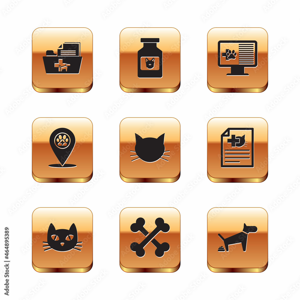 Set Medical veterinary record folder, Cat, Crossed bones, , Location and Clinical pet monitor icon. Vector
