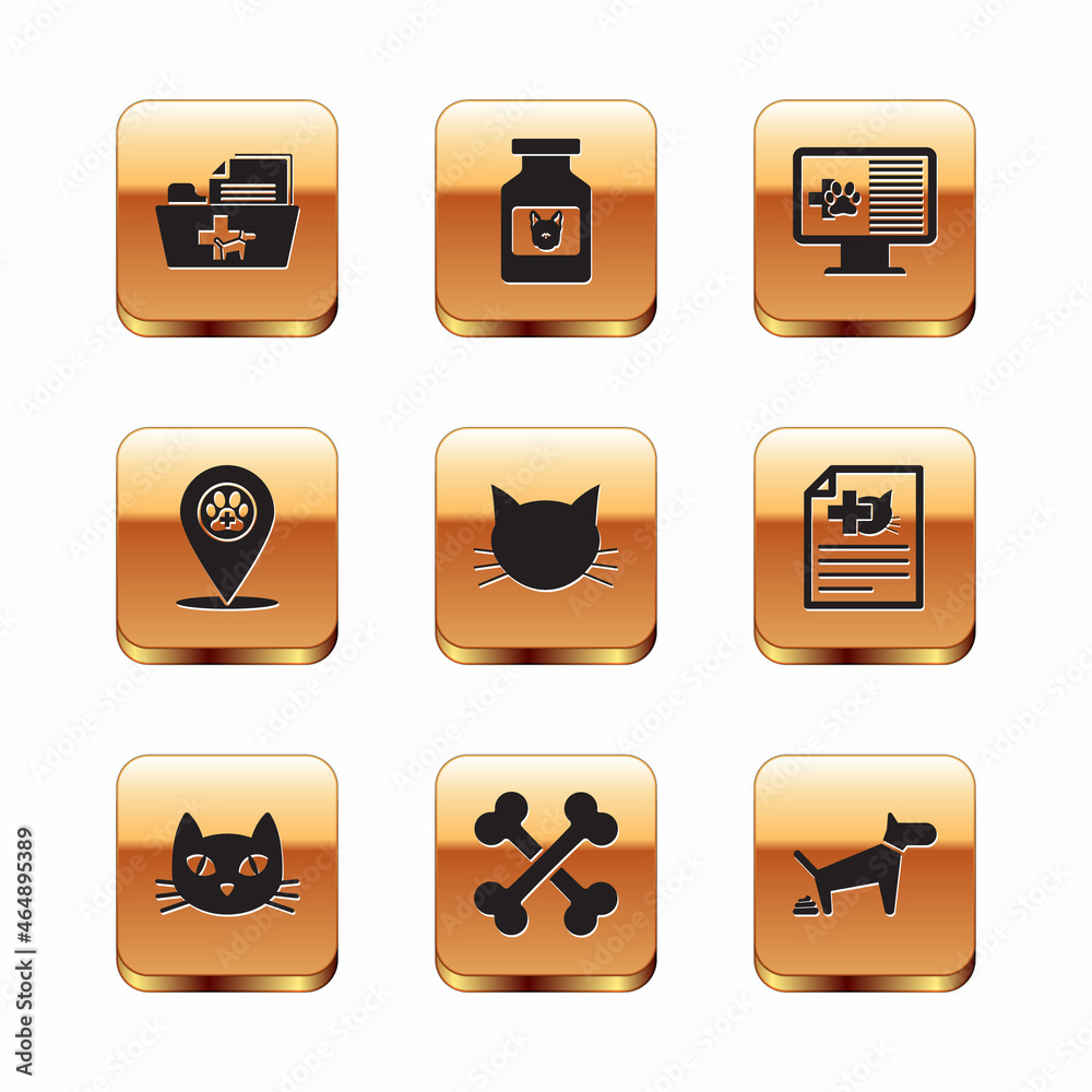 Set Medical veterinary record folder, Cat, Crossed bones, , Location and Clinical pet monitor icon. Vector Set Medical veterinary record folder, Cat, Crossed bones, , Location and Clinical pet monitor icon. Vector