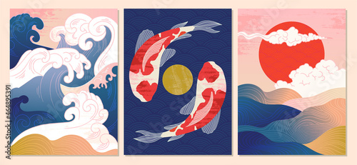 Japanese poster set. Collection of pictures, room decoration. Oriental style, traditional patterns. Landscapes, sea, mountains. Cartoon flat vector illustrations isolated on white background