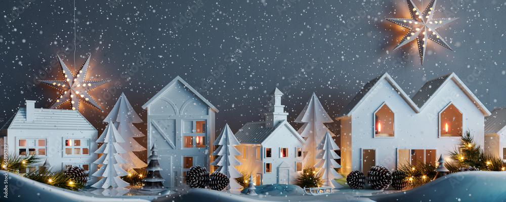 Fototapeta premium Christmas snowy night with white paper houses and fir tree decoration 3D Rendering, 3D Illustration