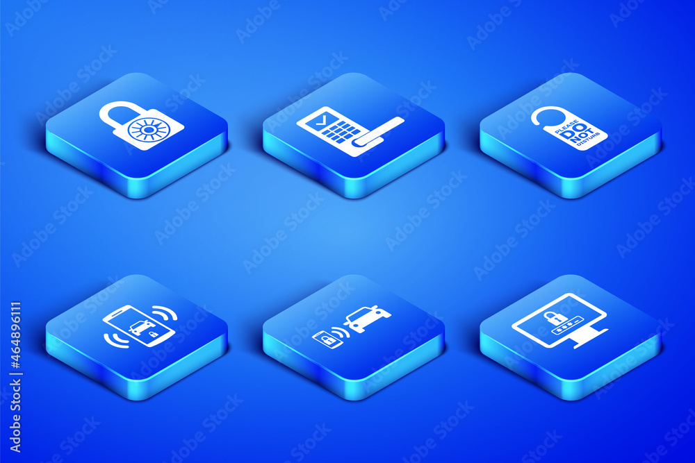 Set Monitor with password, Safe combination lock wheel, Smart car alarm system, , Digital door wireless and Please not disturb icon. Vector Set Monitor with password, Safe combination lock wheel, Smart car alarm system, , Digital door wireless and Please not disturb icon. Vector