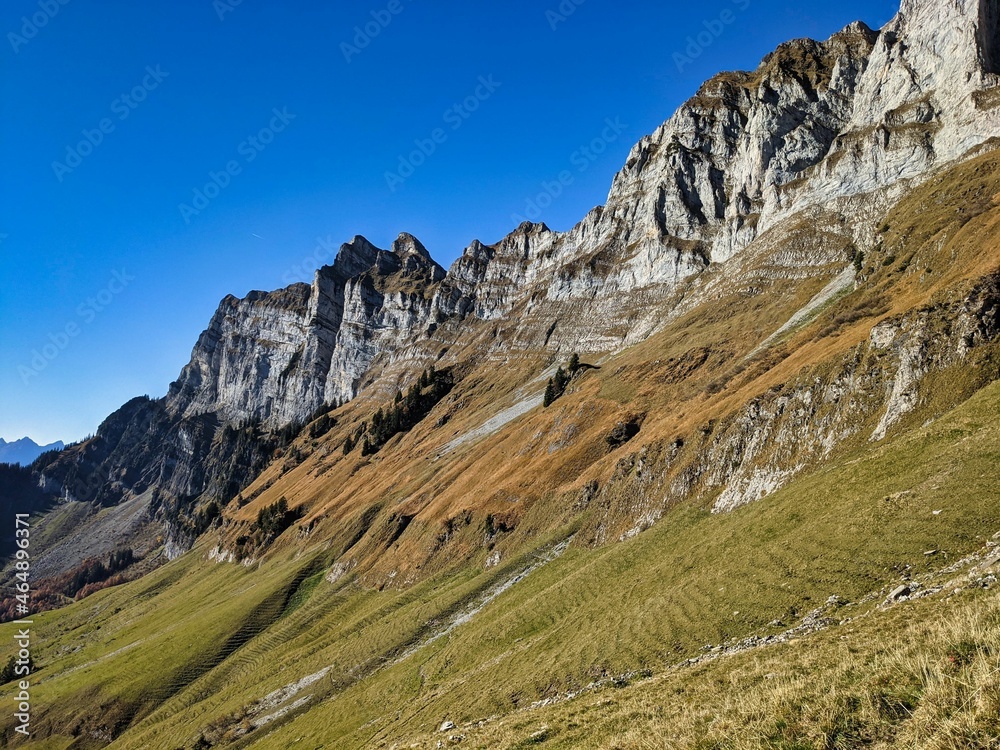 breathtaking view of de churfirsten above Tschingla. North face. mountain nature landscape. autumn hike. mountaineering