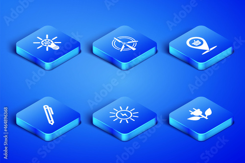 Set Electric saving plug in leaf, Light bulb with gear, Solar energy panel, Pen, Rotating wind turbine and Location shopping basket icon. Vector