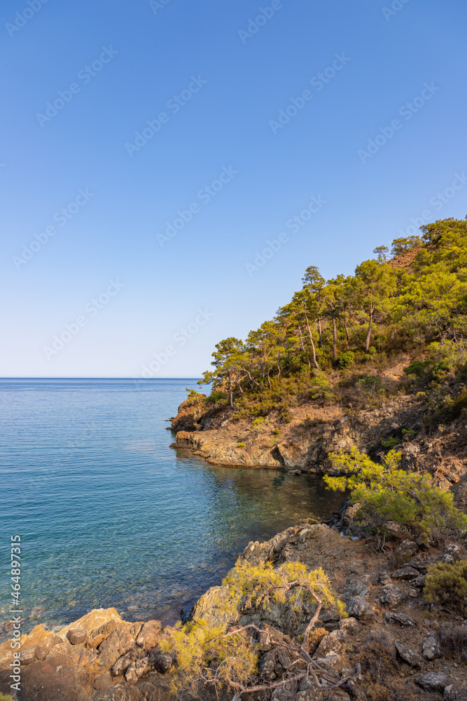 Beautiful nature landscape in Turkey coastline. View from Lycian way to small bay. This is ancient trekking path famous among hikers. Turkey, Ulupinar.