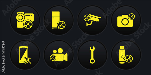 Set Smartphone service, Photo camera, Video, Wrench, Security, Refrigerator, USB flash drive and icon. Vector