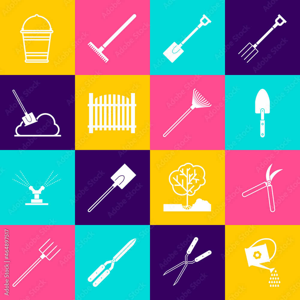 Set Watering can, Gardening handmade scissor, trowel spade shovel, fence, Shovel the ground, Bucket and rake for leaves icon. Vector Set Watering can, Gardening handmade scissor, trowel spade shovel, fence, Shovel the ground, Bucket and rake for leaves icon. Vector