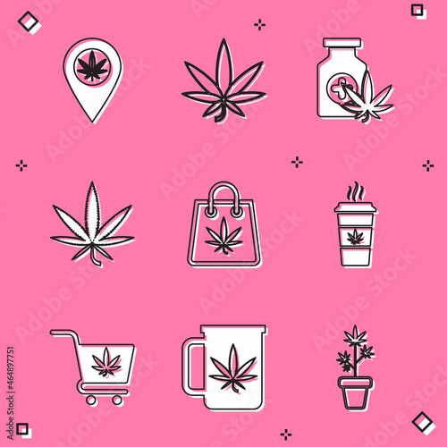 Set Location and marijuana, Marijuana or cannabis leaf, Medical bottle with, Shopping bag of, Cup coffee, cart and tea icon. Vector