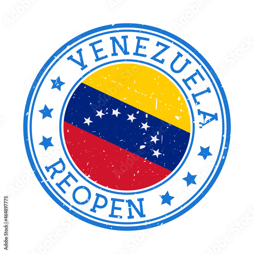 Venezuela reopening stamp. Round badge of country with flag of Venezuela. Reopening after lock-down sign. Vector illustration.