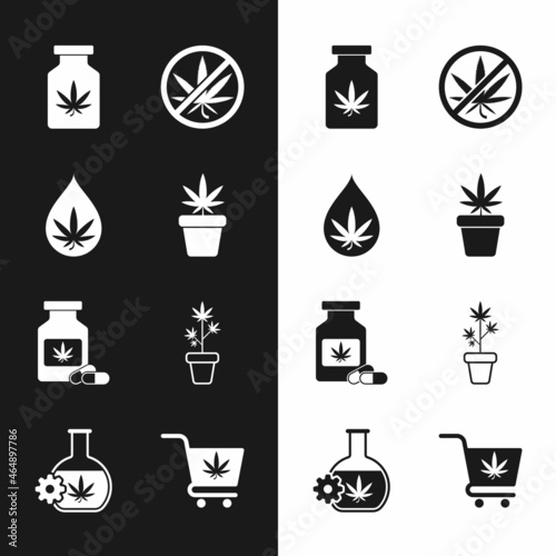 Set Marijuana plant in pot, or cannabis leaf oil, Medical bottle with marijuana, Stop, Shopping cart and Test tube icon. Vector