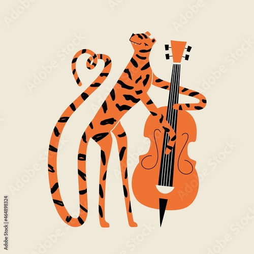 Vector illustration of tiger playing music with contrabass. Trendy music print design with animal, home decoration poster