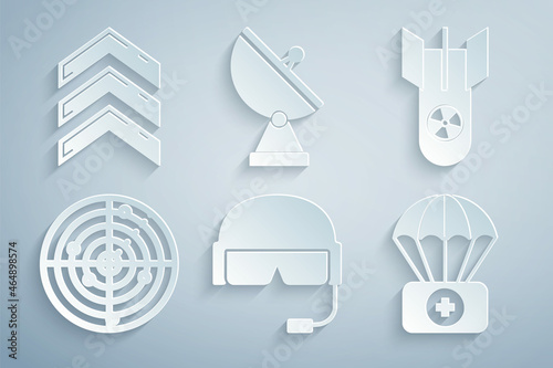 Set Military helmet, Nuclear bomb, Radar with targets, Parachute first aid kit, and rank icon. Vector