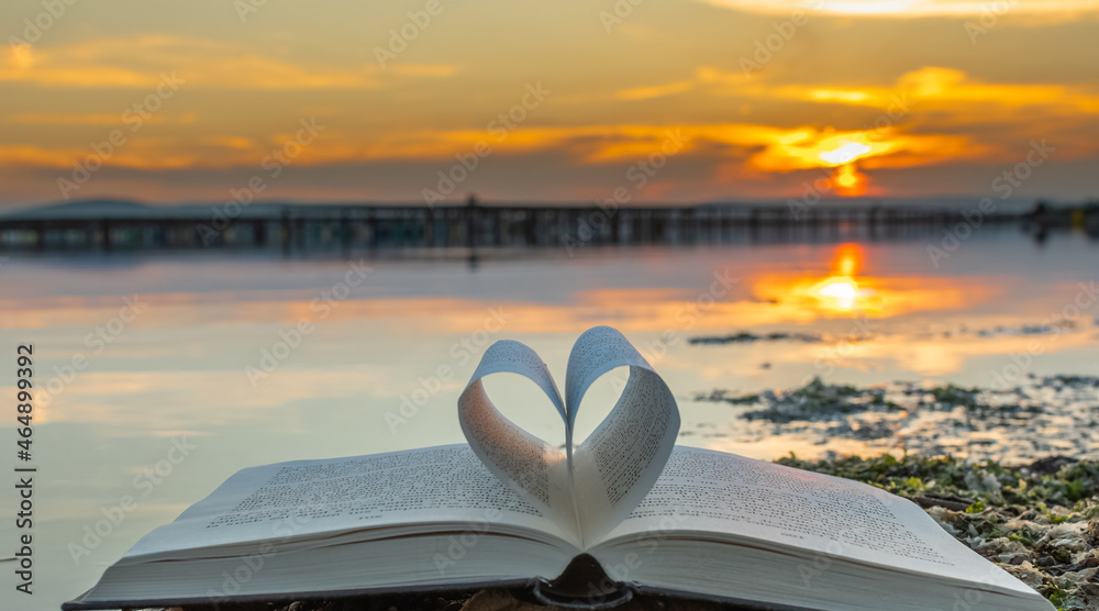 Livre plié en forme de cœur avec lever de soleil sur un étang de Camargue,  France. Photos | Adobe Stock