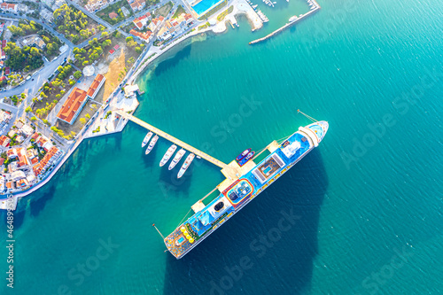 Big cruise liner ship near the pier. Argostoli, Kefalonia island, Greece. Travel concept.