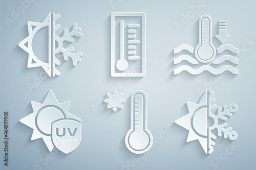 Set Meteorology thermometer, Water, UV protection, Sun and snowflake, and icon. Vector