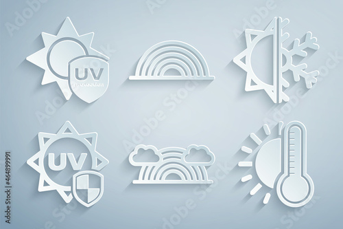 Set Rainbow with clouds, Sun and snowflake, UV protection, Thermometer sun, and icon. Vector