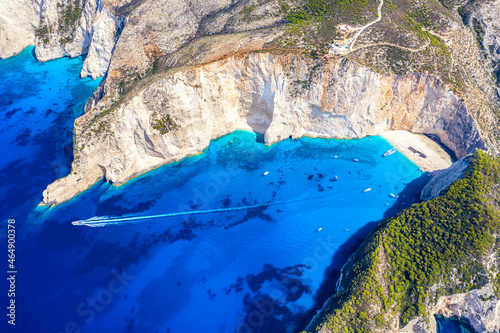 Aerial drone view of the famous Shipwreck Navagio Beach on Zakynthos island, Greece. Greece iconic vacation picture.