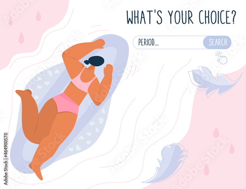 Concept vector WEB banner What's your choice with body positive girl on sanitary pads, menstrual period cycle or PMS is NORMAL, BLOOD is NORMAL