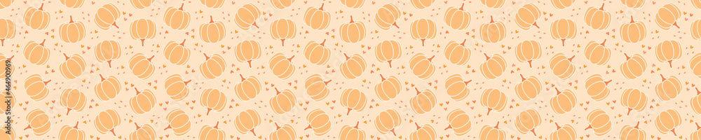 Pink seamless pattern with pumpkins, dots and hearts