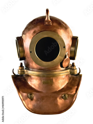 old copper diving helmet isolated on white background