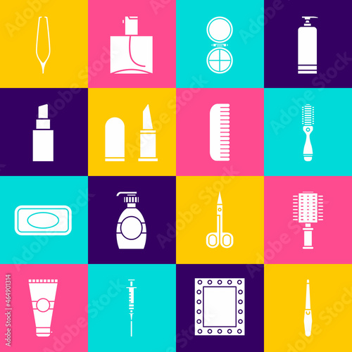 Set Nail file, Hairbrush, Makeup powder with mirror, Lipstick, Eyebrow tweezers and icon. Vector