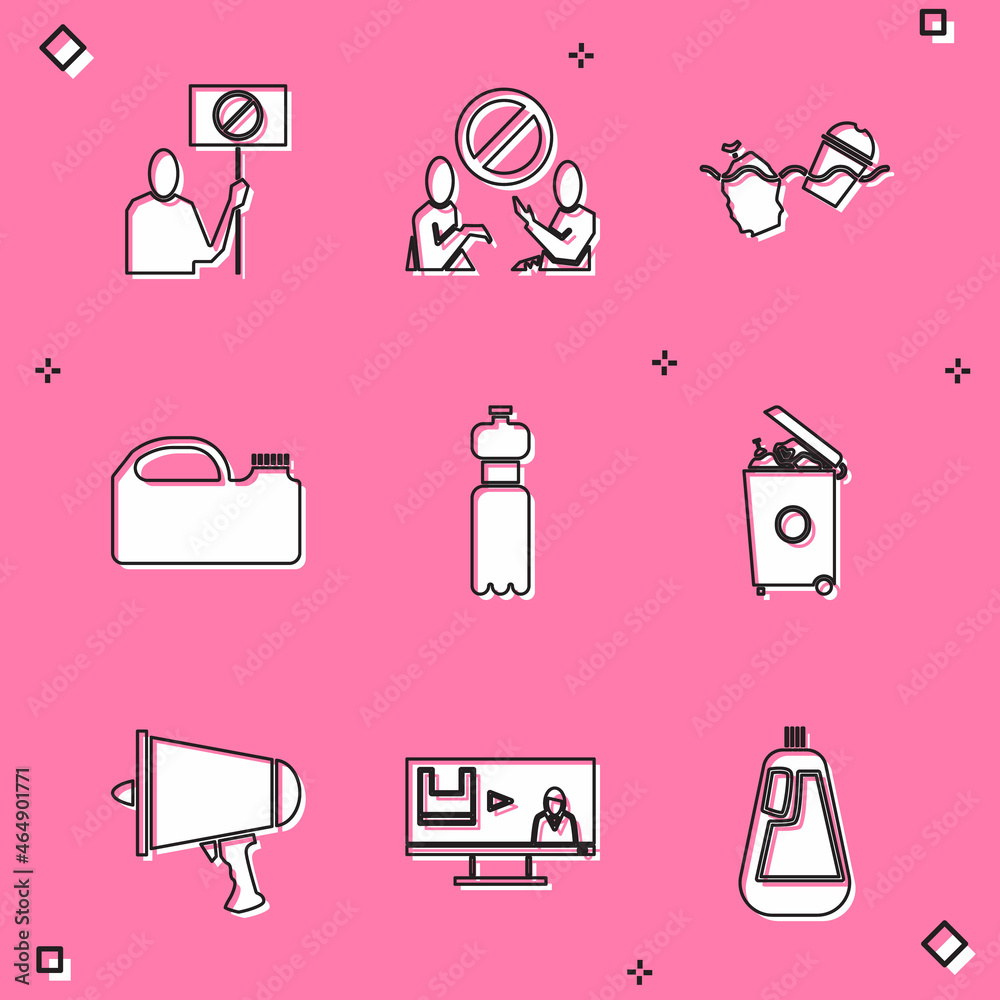 Set Nature saving protest, Stop plastic pollution, Problem of the ocean, Canister for machine oil, Bottle water, Trash can, Spread word, megaphone and icon. Vector