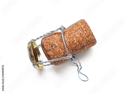 Wooden stopper and wire bridle holding the stopper on sparkling wines