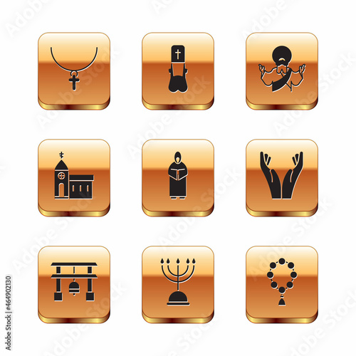 Set Christian cross on chain, Japan Gate, Hanukkah menorah, Monk, Church building, Jesus, Rosary beads religion and Priest icon. Vector
