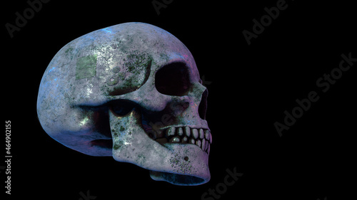 Totensch  del   Totenkopf mit Computer-Chip Platine  Profil Neon bunt beleuchtet vor dunklem Hintergrund   3D Render Illustration