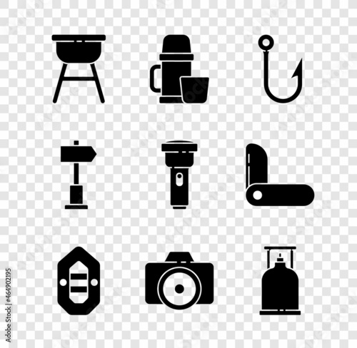 Set Barbecue grill, Thermos container and cup, Fishing hook, Rafting boat, Photo camera, Camping gas stove, Road traffic signpost and Flashlight icon. Vector