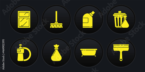 Set Dishwashing liquid bottle and plate, Trash can garbage bag, Garbage, Bathtub, Bottles for cleaning agent, Handle broom, Rubber cleaner windows and Cleaning service icon. Vector