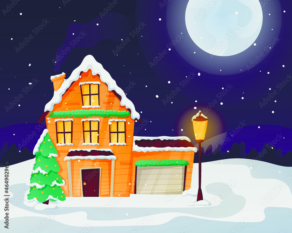 Fototapeta premium Night Christmas winter landscape with moon and snowfall. A cozy house with light in the windows, littered with snow and drifts.