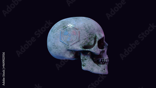 Totensch  del   Totenkopf mit  RADIOAKTIV  Symbol  Profil Neon bunt beleuchtet vor dunklem Hintergrund   3D Render Illustration