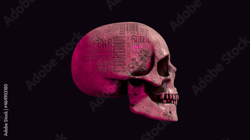 CORONA - Wortwolke auf Totenschädel / Totenkopf: Neon rot beleuchtet vor dunklem Hintergrund | 3D Render Illustration photo