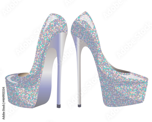 Vector women's pearlescent platform shoes and high heels with sequins isolated on white background.