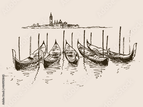 Italian gondolas in venice. Hand drawn sketch