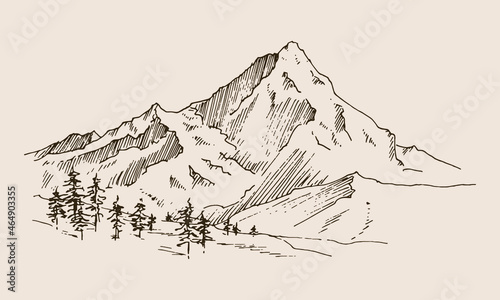 Hand drawn vector landscape with mountains, trees and mountains valley. Perfect for banner, poster and sticker design. 
