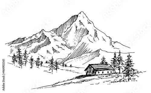 Hand drawn vector landscape with mountains, trees and village house in the mountains valley. Perfect for banner, poster and sticker design. 