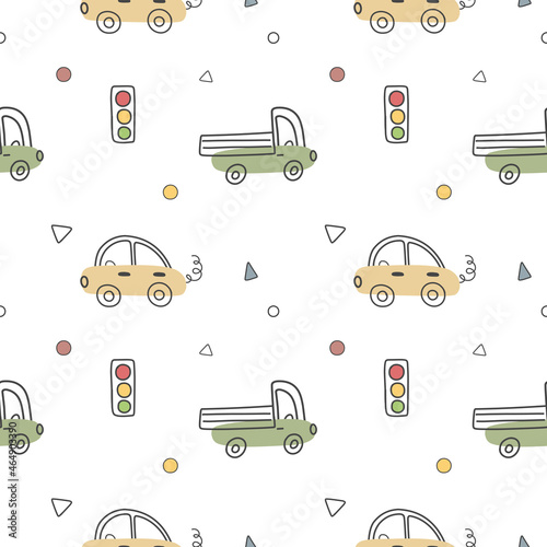 Fototapeta Naklejka Na Ścianę i Meble -  Seamless pattern drawn with cute cars on a white background. Children's texture for fabric, packaging, textiles, wallpaper, clothing. Scandinavian design.