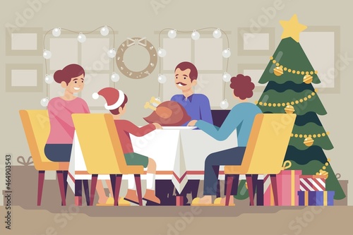 christmas dinner scene with fir tree vector design illustration